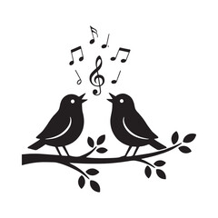 Fototapeta premium Birds On Branch Silhouette With Musical Notes Black And White