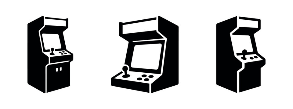 Retro Arcade Machine Silhouettes Vector Icon Set. Classic Video Game Cabinet Outline Clip Art.