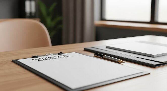 Blank Academic Admission Form on Clipboard with Pen on Wooden Desk Ready for Application