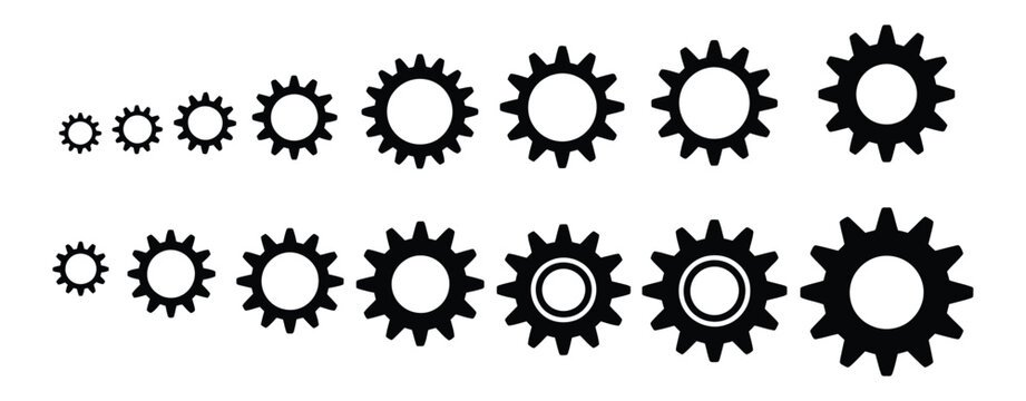 Gear icon set, black sprocket wheel symbols in various sizes and tooth counts, vector illustration for industrial machinery, engineering, clockwork and technical processes.