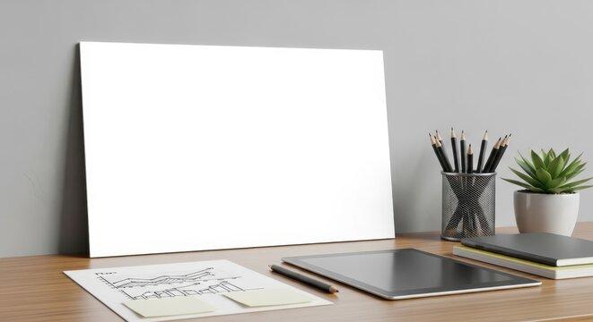 Blank Academic Poster Presentation Template on a Desk with Digital Tablet and Charts
