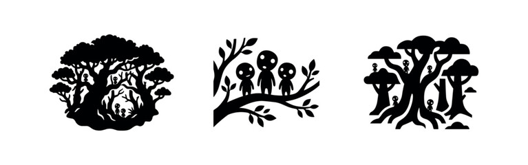 Fototapeta premium Enchanting Kodama Tree Spirits in Forest Silhouettes Set