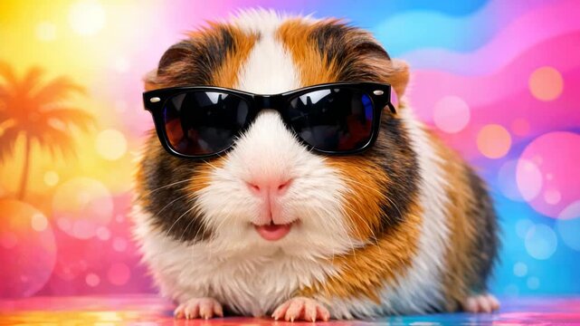 Adorable guinea pig wearing sunglasses and sitting on a colorful surface. The background is vibrant with bright colors, which creates an eye-catching contrast with the subject.