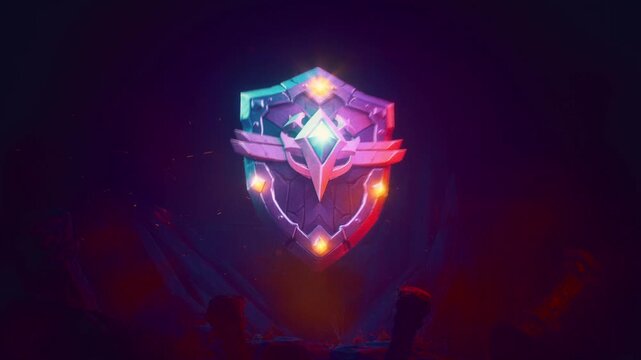 Stylized Fantasy Shield Levitating In Dark Cave With Purple Neon Glow 3D Loop