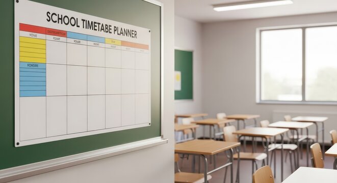 Blank School Timetable Planner Displayed on a Chalkboard in an Empty Classroom