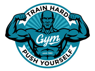 Obraz premium Vintage Gym Logo Featuring Muscular Bodybuilder Flexing and Motivational Text
