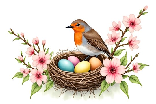 robin drawing with colorful eggs in floral spring nest