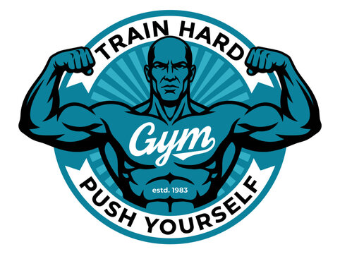 Vintage Gym Logo Featuring Muscular Bodybuilder Flexing and Motivational Text
