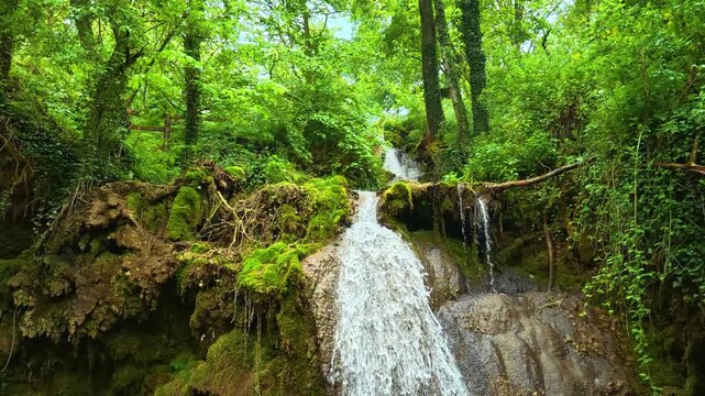 Mossy rocks cascade with clear water in a lush forest. Sokobanja, Serbia.