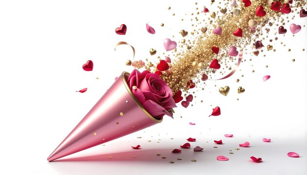 Pink rose party popper exploding with hearts and gold glitter