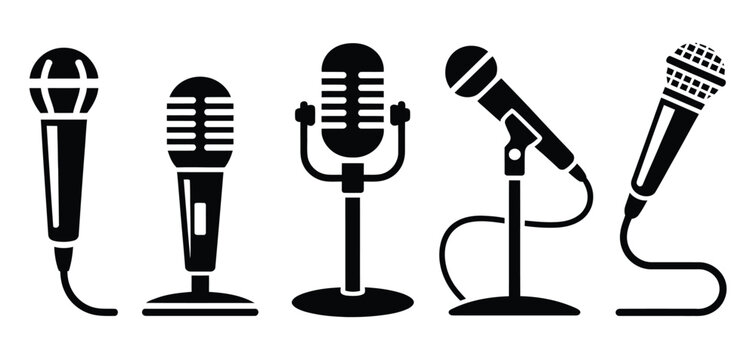 Microphone icon set, black modern and classic mic symbols on white background, clean vector illustration for audio, music, recording and communication design.