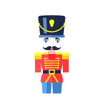 Simplified nutcracker soldier character icon with red jacket.
