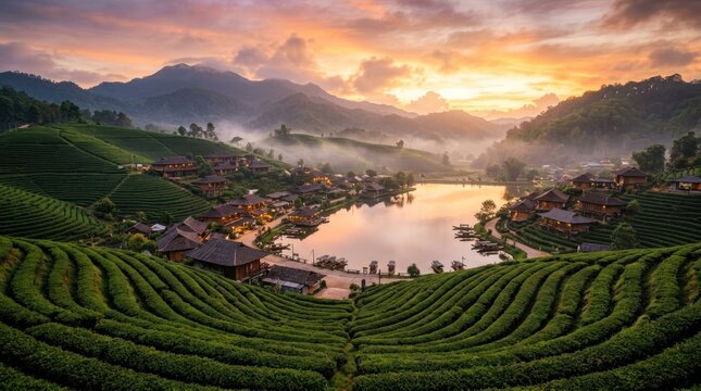 Baan Rak Thai Village Tea Plantation Sunrise Mist Mountains Landscape.