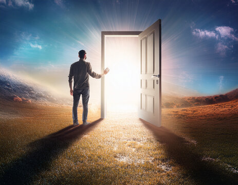 Man walking to new better world of hope and bright future