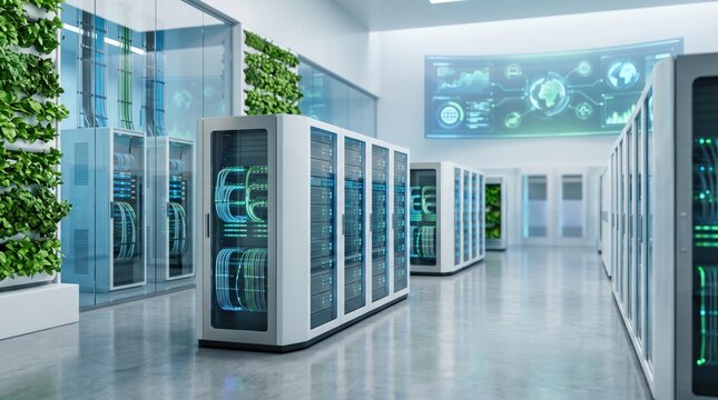 Modern green eco-friendly server room data center with vertical garden walls and glass partitions. Sustainable cloud computing infrastructure, IT hardware, database storage, ene...