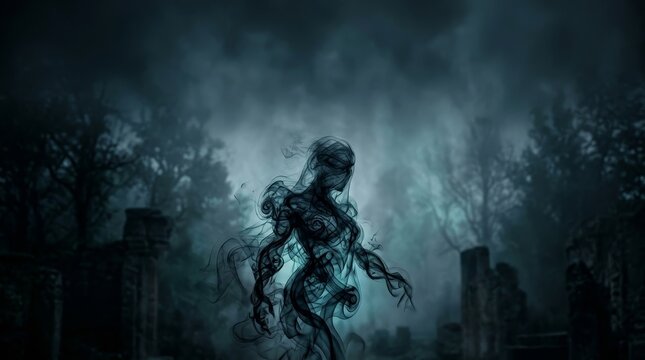 Eerie Encounter, Ghostly Figure, Abandoned Ruins, Digital Art, Dark Atmosphere, Frontal View, Creative Business Concept