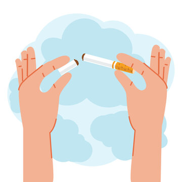 Hands snapping and breaking a cigarette in half to quit smoking concept.