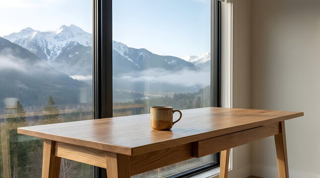 Warm ceramic mug on wooden table with mountain vista view