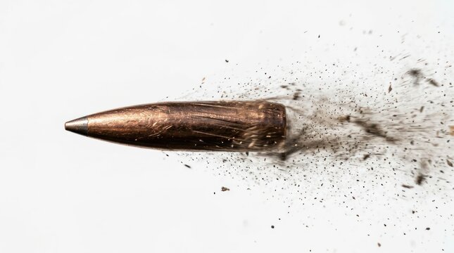 Bullet in motion with dust and debris exploding outwards.