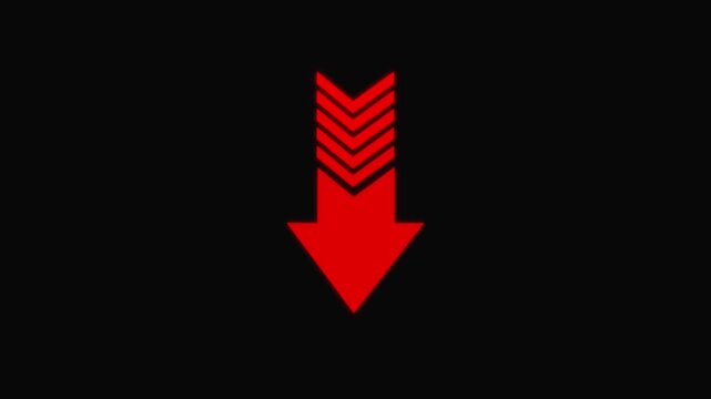 Red arrow with zigzag trail descending across black background footage