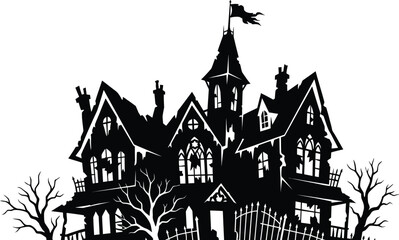 Fototapeta premium Spooky halloween day haunted mansion silhouette perfect for creepy october decorations and party themes