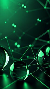 abstract digital art dark green background background interconnected lines dots creating network like pattern center three spherical objects appear glowing green objects arranged way creates sense