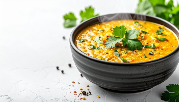 Steaming bowl of Indian dal curry with rich yellow lentil texture, fresh herbs and spices, authentic homemade cuisine, white background, copy space, ultra realistic food photography
