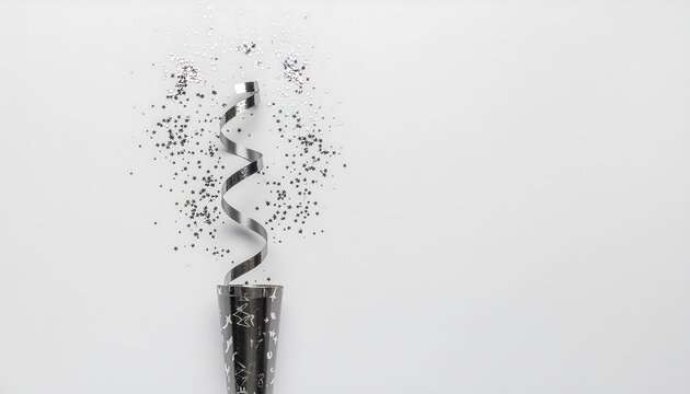 Celebration concept with silver party popper and star confetti