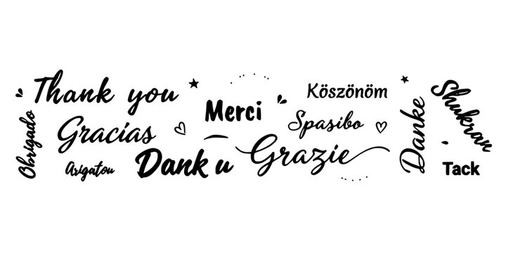 Thank You Typography and Handwritten Greeting Words in Multiple Languages as a Black and White Vector Design Banner