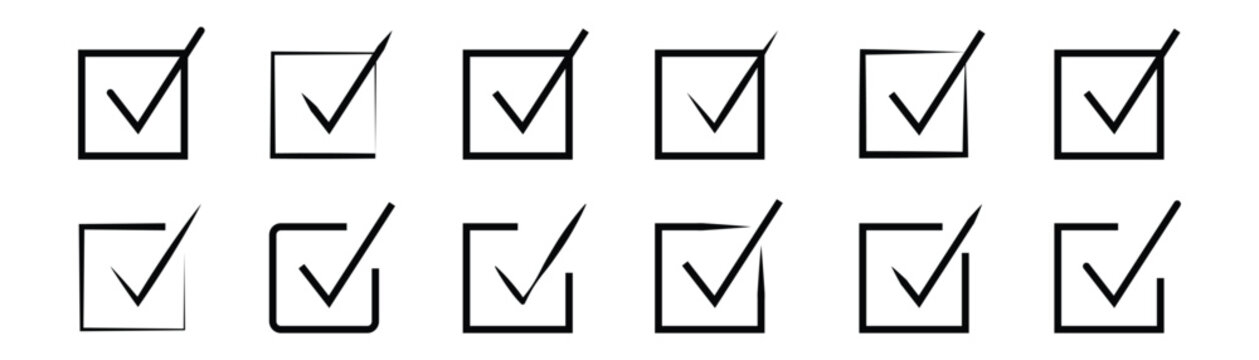 Black Check mark icons set. Check marks symbol collection. Check marks big collection. Tick icon in square. Check marks different shape, isolated on white background. Vector illustrator.