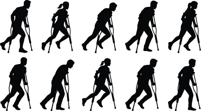 Silhouettes of people walking with medical crutches
