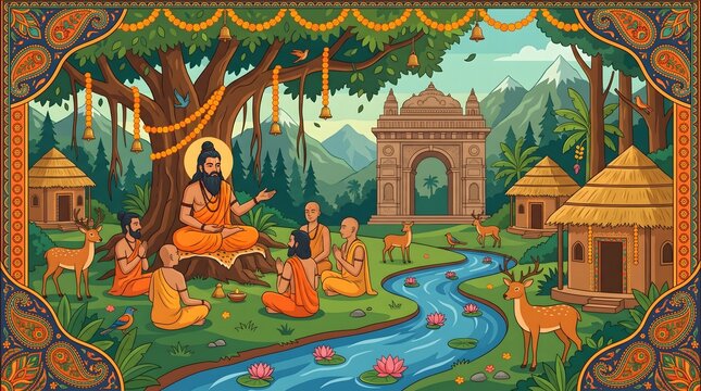 Traditional vector illustration of an ancient Indian guru teaching disciples in a peaceful forest ashram by a river.