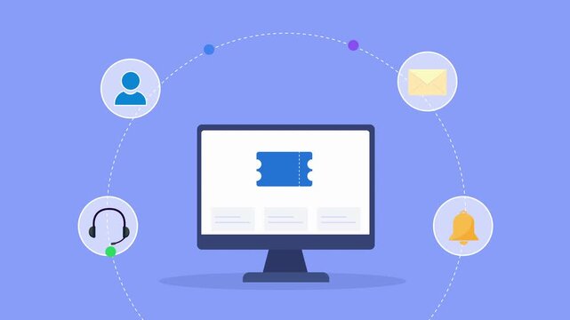 Animated flat vector motion graphic featuring an AI customer support dashboard on a desktop monitor with headset, user, email, and notification icons. Ideal for help desk, customer service, and artifi