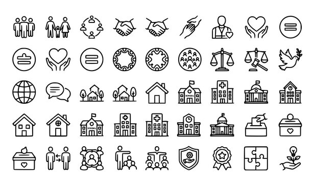 Minimal society thin line vector icon set featuring community diversity equality public service and social responsibility symbols on transparent background