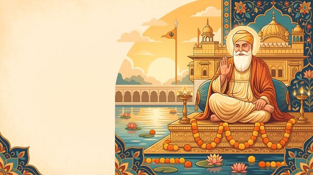Beautiful illustration of Guru Nanak Dev Ji blessing near the Golden Temple, perfect for Gurpurab celebrations with empty copy space.