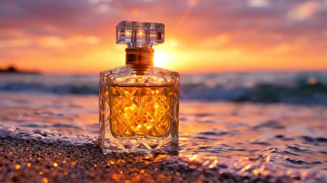 Elegant glass perfume bottle standing on golden beach sand during a vibrant sunset with soft ocean waves in the background