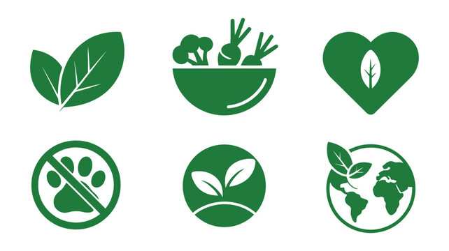 Vegan icon set, green plant based symbols for eco friendly products, cruelty free labels, healthy organic food and sustainable lifestyle concepts.