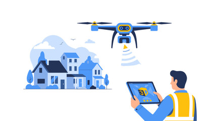 Obraz premium Professional Drone Mapping and 3D Scanning for Real Estate Surveying Vector Illustration with Operator Holding Tablet