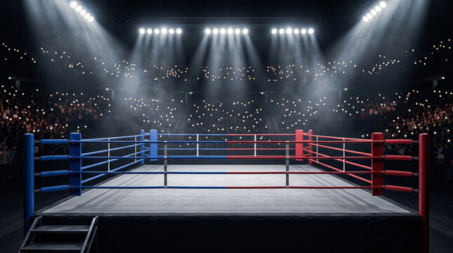 Empty professional boxing ring with red and blue corners in a dark arena. Bright spotlights shining over the fighting stage with a cheering crowd in the background.