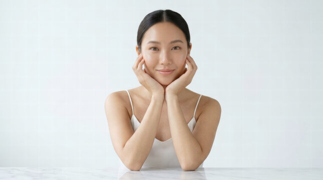 Minimalist portrait of a calm, content woman resting her chin