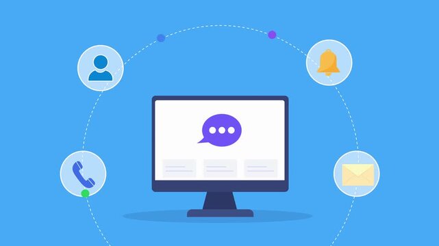Animated flat vector motion graphic featuring an AI customer communication dashboard on a desktop monitor with phone, email, notification, and user icons. Ideal for customer support, contact managemen