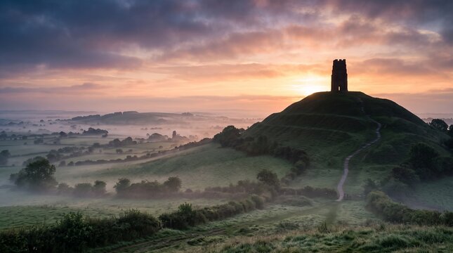 Glastonbury Tor at Misty Sunrise, Somerset England