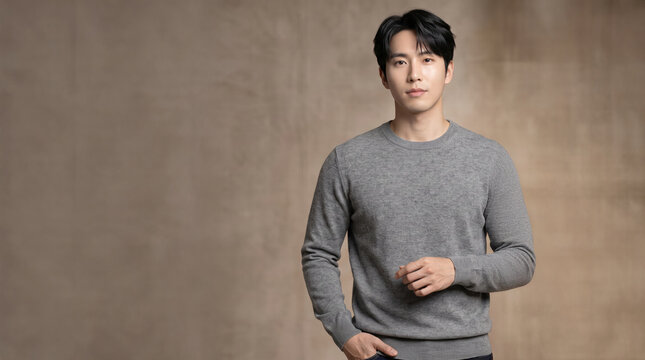 Young man wearing textured knit sweater poses seriously for portrait