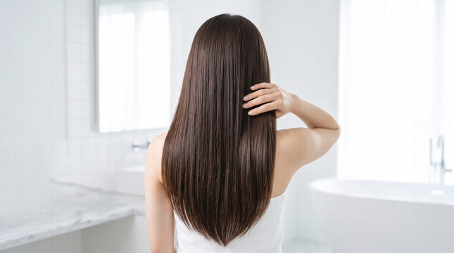 Back view of a woman touching her shiny, wet hair in a modern bathroom