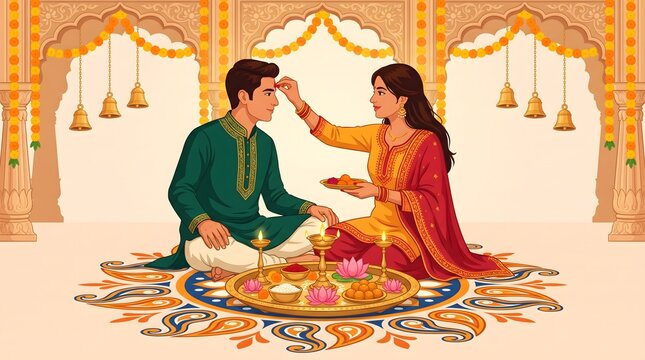Vibrant vector illustration of a sister applying tilak to her brother during the traditional Indian festival of Bhai Dooj.