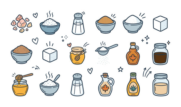 Hand-drawn icon set of sugar cubes honey jars and maple syrup bottles