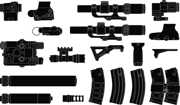 Black silhouette vector set of tactical weapon accessories featuring sights, suppressors, magazines, and foregrips