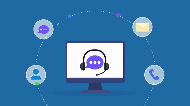 Animated flat vector motion graphic featuring an AI customer support dashboard on a desktop monitor with chatbot, phone, email, and user icons. Ideal for live chat, customer service, and artificial in