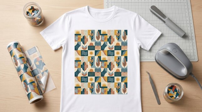 White t-shirt with geometric pattern design, flat lay mockup on wooden table with crafting tools, iron, heat press vinyl roll, creative diy project concept for print on demand b...