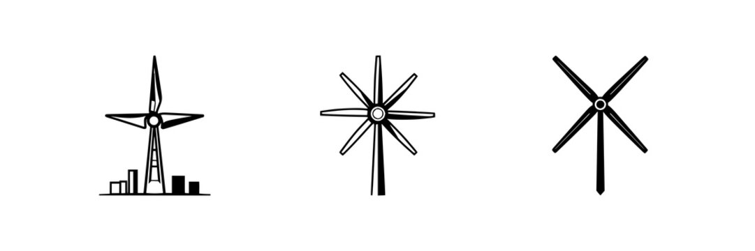 Geometric vector icon of a vertical axis wind turbine, urban energy theme, sharp vector edges, white background. set with simple line art design featuring sketches, drawings, vector graphics with m...